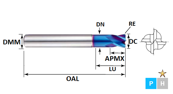 20.0mm 4 Flute Corner Radius Extended Neck Stub Length Pulsar Blue Carbide End Mill